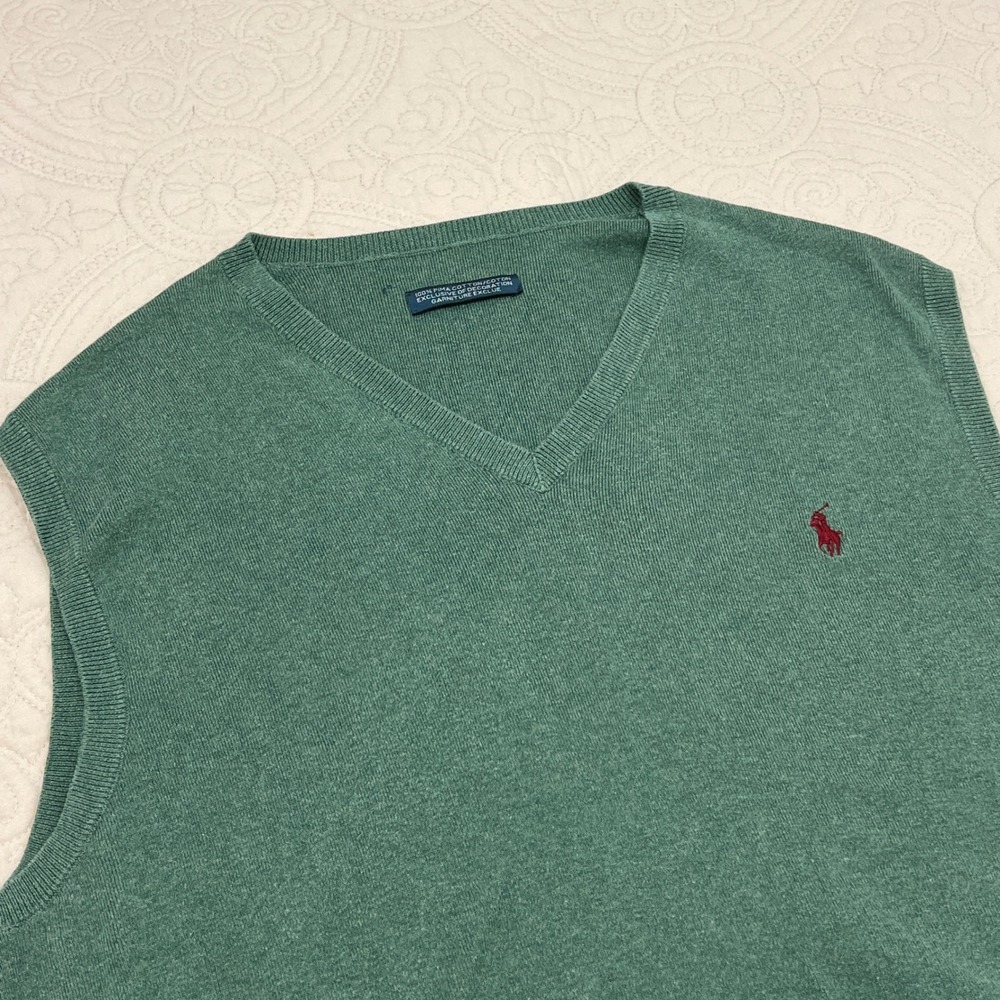 Polo Ralph Lauren Mens Green Pima Cotton V-Neck Sweater Vest Red Pony Logo XL
